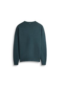 Maglione teal con scollatura rotonda, maniche lunghe e vestibilità rilassata. Realizzato in un tessuto a maglia liscio con cuciture minime e senza motivi.