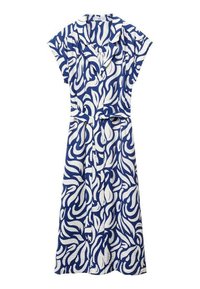 Robe midi bleu et blanc à manches courtes avec motif abstrait de feuilles, boutonnée devant, col et ceinture à nouer à la taille.