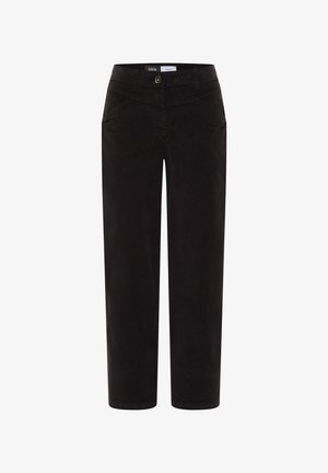 Black corduroy trousers with a straight leg design, featuring front pockets and a button closure. Soft texture and durable material.