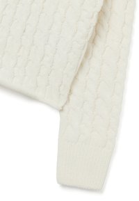 Häkelpullover in Creme, mit strukturiertem Muster, gerippten Bündchen und weichem Strickstoff. Das Design betont Wärme und Komfort.