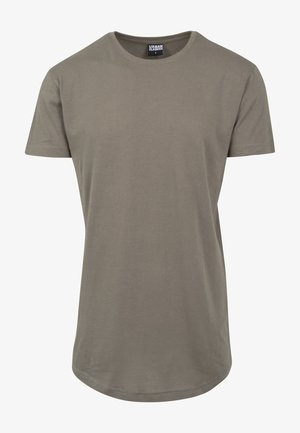 Olive zöld, puha pamutból készült póló, lekerekített nyakkivágással és rövid ujjakkal, hosszabb, ívelt aljjal a laza illeszkedés érdekében.