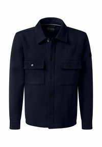 Marineblauwe knopjack met kraag, twee borstzakken en drukknoopsluitingen. Gemaakt van gladde stof; heeft een strakke, gestructureerde uitstraling.