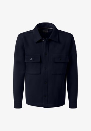 marineblaues Hemdjacke mit Kragen, zwei Brusttaschen und Druckknöpfen. Hergestellt aus glattem Stoff; zeichnet sich durch ein sauberes, strukturiertes Design aus.