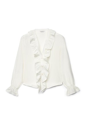 Weiße langärmelige Bluse mit Rüschenbesatz entlang des V-Ausschnitts, vorderer Knopfleiste und gerüschten Bündchen.