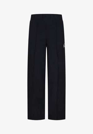 Pantaloni neri a gamba larga realizzati in tessuto testurizzato, dotati di una fascia elastica in vita e di un piccolo logo sul lato sinistro anteriore.