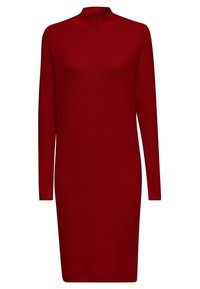 Robe pull rouge à manches longues, longueur genou, avec un col montant et une silhouette ajustée.