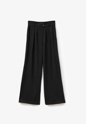 Black wide-leg trousers featuring a high waist, pleats at the front, and a smooth texture. Button closure with belt loops.