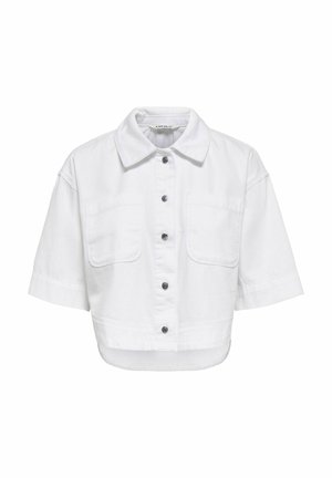 Cămașă albă scurtă, croită, cu mâneci scurte, guler, închidere frontală cu nasturi și două buzunare la piept.
