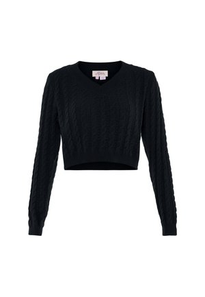 Pulover negru scurt cu decolteu în V, cu un model tricotat în cablu, mâneci lungi și tiv rigat. Textură moale, realizat din material tricotat.