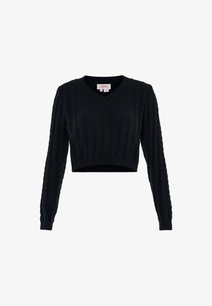 Pulover negru scurt cu decolteu în V, cu un model tricotat în cablu, mâneci lungi și tiv rigat. Textură moale, realizat din material tricotat.