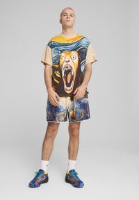 Grafisk t-shirt med et brølende løve, beige og blå farver. Shortsen har et svajende mønster med et basketball-design. Multifarvede sneakers.