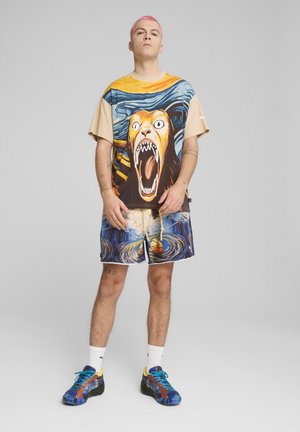 Grafisk t-shirt med et brølende løve, beige og blå farver. Shortsen har et svajende mønster med et basketball-design. Multifarvede sneakers.