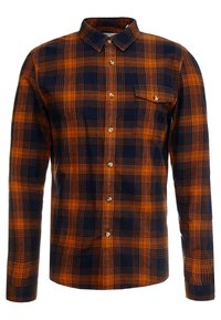 Karierte Knopf-Bluse in Orange und Marineblau, aus einem weichen Stoff gefertigt. Mit einer einzelnen Brusttasche und Holzknöpfen. Lange Ärmel.