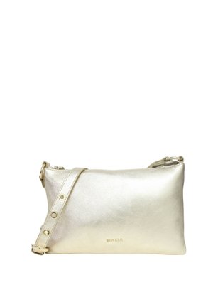 Borsa a tracolla rettangolare metallic dorata con tracolla regolabile e piccolo logo impresso al centro davanti.