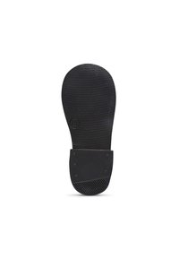 Suela de zapato de goma negra con textura acanalada, forma redondeada y sección de talón lisa. Presenta el número grabado "19" y remaches para mayor durabilidad.