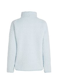 Lichtblauwe fleece pullover met een hoge kraag, gestructureerd oppervlak, lange mouwen en een rechte onderkant, ontworpen voor warmte en comfort.