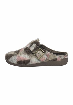 Filzclogs in Braun mit pink-weißer Musterung; verfügen über einen seitlichen Schnallenverschluss und ein strukturiertes, gepolstertes Fußbett auf einer stabilen Sohle.