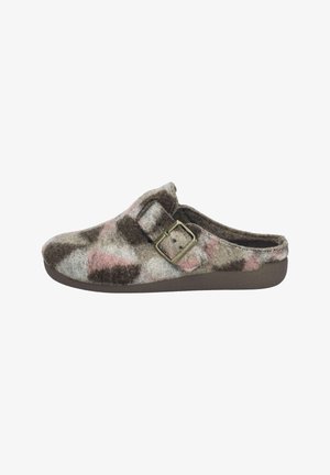Felt clog slipper in brown with pink and white pattern; features a side buckle and a textured, cushioned footbed on a solid sole.