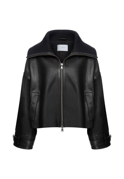 Black leather cropped jacket with a large navy knitted collar, front zip closure, and rolled cuffs. Features side pockets and a sleek design.