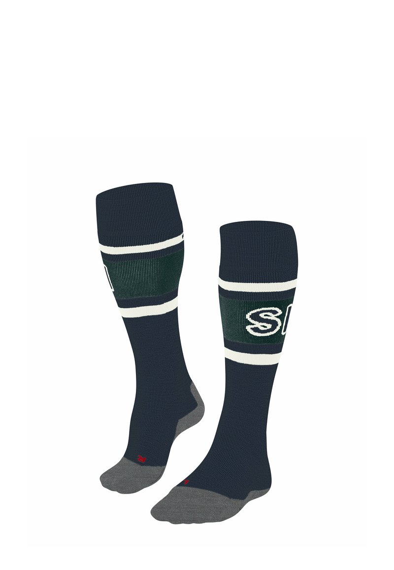 Calze al ginocchio blu navy con strisce bianche e verdi, dotate di un logo testuale verde sulla striscia. Punta e tallone rinforzati grigi.