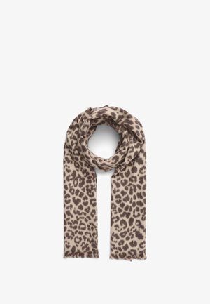 Szalik w wężowy wzór z kremowym tłem i ciemnobrązowymi plamami. Miękka struktura, prostokątny kształt, z frędzlami na końcach.