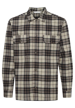 Flätad skjorta i beige, brunt och svart, med knappslå fram, två bröstfickor och långa ärmar med rak söm.