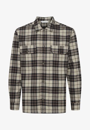 Flätad skjorta i beige, brunt och svart, med knappslå fram, två bröstfickor och långa ärmar med rak söm.