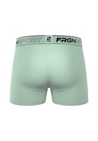 Boxers vert menthe avec une ceinture élastique noire et gris clair présentant le logo "FRGNSPORT". Finition en tissu lisse, design ajusté.