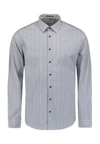 Langarmhemd in Hellblau mit geometrischem Muster in Dunkelblau. Verfügt über eine Knopfleiste, einen Kragen und verstellbare Button-Manschetten.