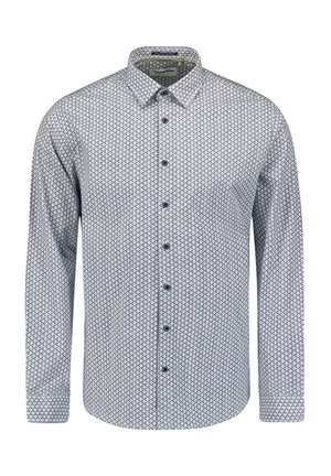 Lange mouw shirt in lichtblauw met geometrisch patroon in donkerder blauw. Heeft een knoopsluiting aan de voorkant, een kraag en verstelbare knoopmanchetten.