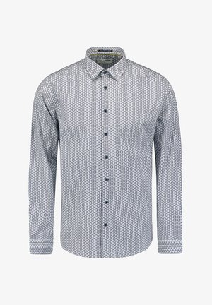 Lange mouw shirt in lichtblauw met geometrisch patroon in donkerder blauw. Heeft een knoopsluiting aan de voorkant, een kraag en verstelbare knoopmanchetten.
