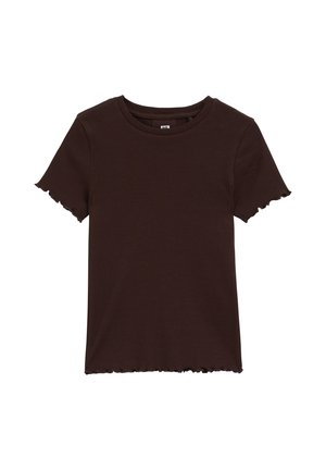 T-shirt tricoté à manches courtes côtelé marron foncé avec encolure ronde et bordure subtile effet feuille de laitue aux manches et à l'ourlet.
