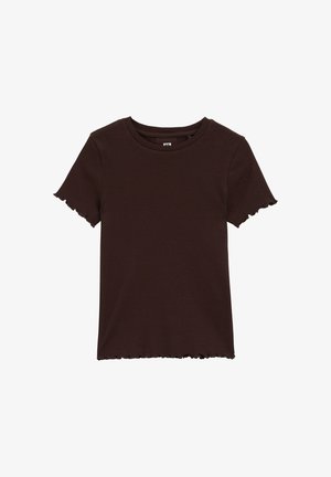 Mørkebrun kortærmet ribstrikket T-shirt med rund halsudskæring og subtil saumlæg på ærmer og kant.