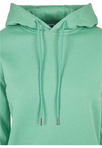 Felpa con cappuccio verde menta con lacci, realizzata in tessuto morbido e con punte metalliche sui lacci. Presenta polsini e colletto a coste per un look aderente.