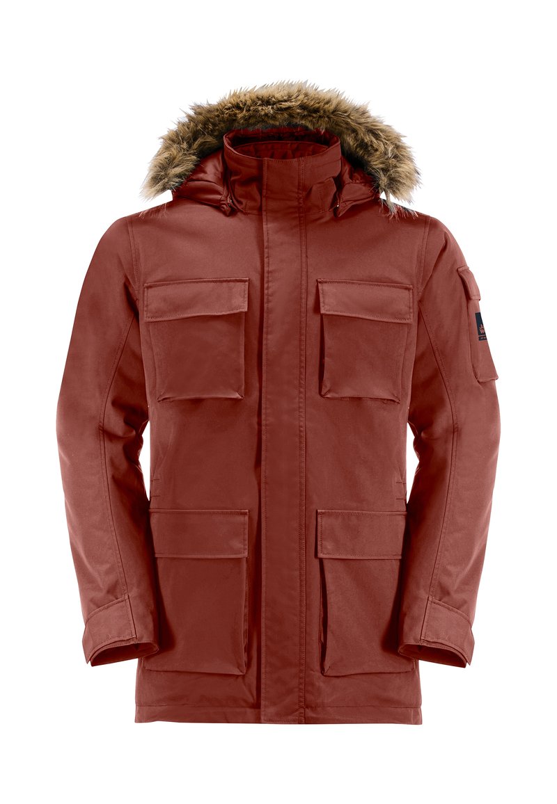 Rode parka jas met een met bont gevoerde capuchon, vier voorzakken, ritssluiting aan de voorkant en een soepele textuur. Heeft verstelbare manchetten.