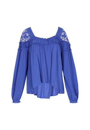 Bluză albastră cu umerii goi, cu mâneci lungi, guler volanat și broderie florală pe umeri. Material moale, ușor, cu o croială lejeră.