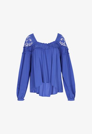 Blaue schulterfreie Bluse mit langen Ärmeln, gerafftem Halsausschnitt und floralem Stickereien an den Schultern. Weicher, leichter Stoff mit lockerer Passform.