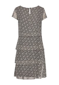 Vestido de tiras negro y beige con un patrón geométrico, mangas cortas y un detalle de ojal en la parte posterior. Textura suave.