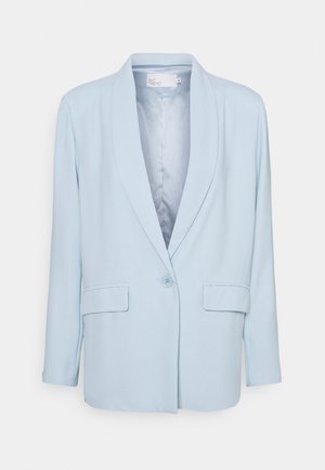 Light blue women's blazer with a single button, notched lapel collar, long sleeves, and two front flap pockets.