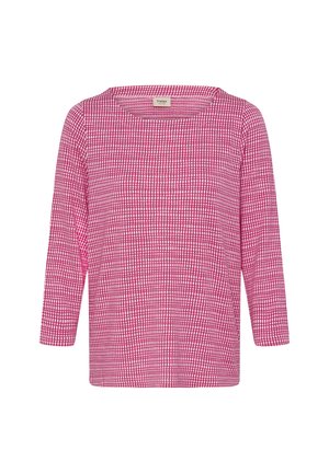 Ilgas rankoves ryškiai rožinis viršus su tinklo raštu, apvalia iškirpte ir minkšta medžiaga, sukurtas patogumui ir laisvam judėjimui.