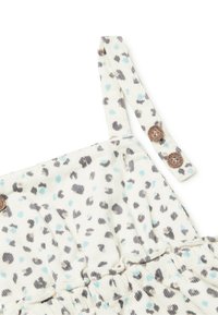 Romper in tessuto bianco con stampa leopardata pastello nei toni grigio, nero e azzurro chiaro. Presenta spalline regolabili e dettagli con bottoni in legno.