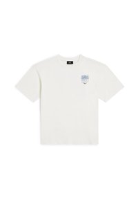 Witte katoenen t-shirt met korte mouwen, met een klein blauw logo op de linkerkant van de borst en een ontspannen boxy pasvorm.