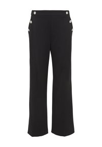 Pantaloni neri realizzati in tessuto liscio, con un design a gamba larga e dettagli con bottoni argentati sui lati. Silhouette semplice e sartoriale.