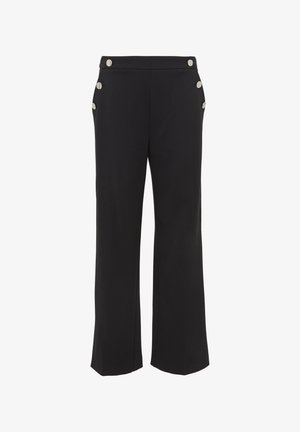 Mustat housut sileästä kankaasta, joissa on leveä lahkeiden muotoilu ja hopeiset nappiakkentit sivuilla. Yksinkertainen ja tyylikäs siluetti.