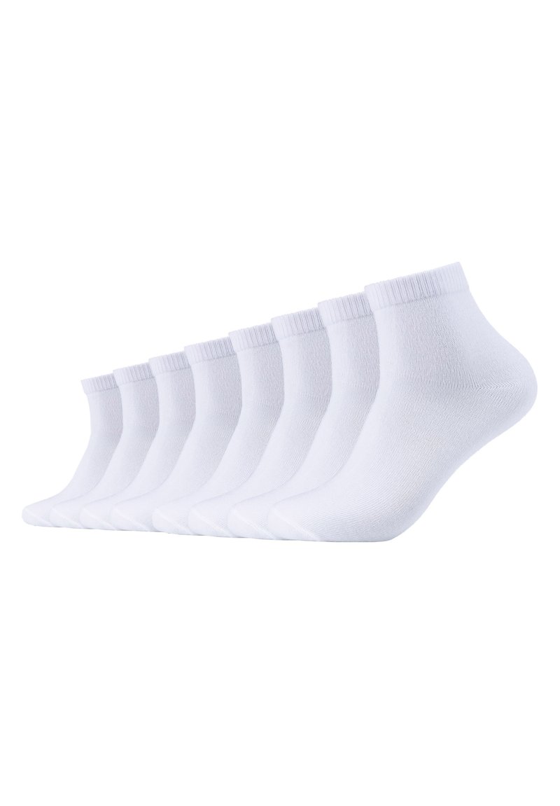 Nine pairs of ankle socks in solid white, made of elastic fabric, featuring ribbed cuffs and a soft, smooth texture.