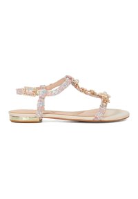 Flat sandals with a pink and blue tweed upper, adorned with pearl and floral embellishments. Gold-accented flat heel. Open-toe design.