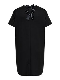 Black dress made of textured fabric, featuring short sleeves and a back closure accented with two black satin bows.