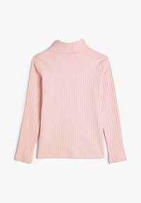 Lange mouw, geribbelde turtleneck top in lichtroze stof met een hoge hals en een getailleerde pasvorm, met een gladde textuur en zonder zichtbare versieringen.