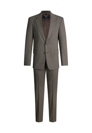 Brauner, karierten Herrenanzug mit zweiknöpfigem Sakko mit Kerbkragen und passenden, geraden Hosen.