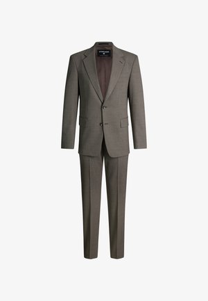 Brauner, karierten Herrenanzug mit zweiknöpfigem Sakko mit Kerbkragen und passenden, geraden Hosen.